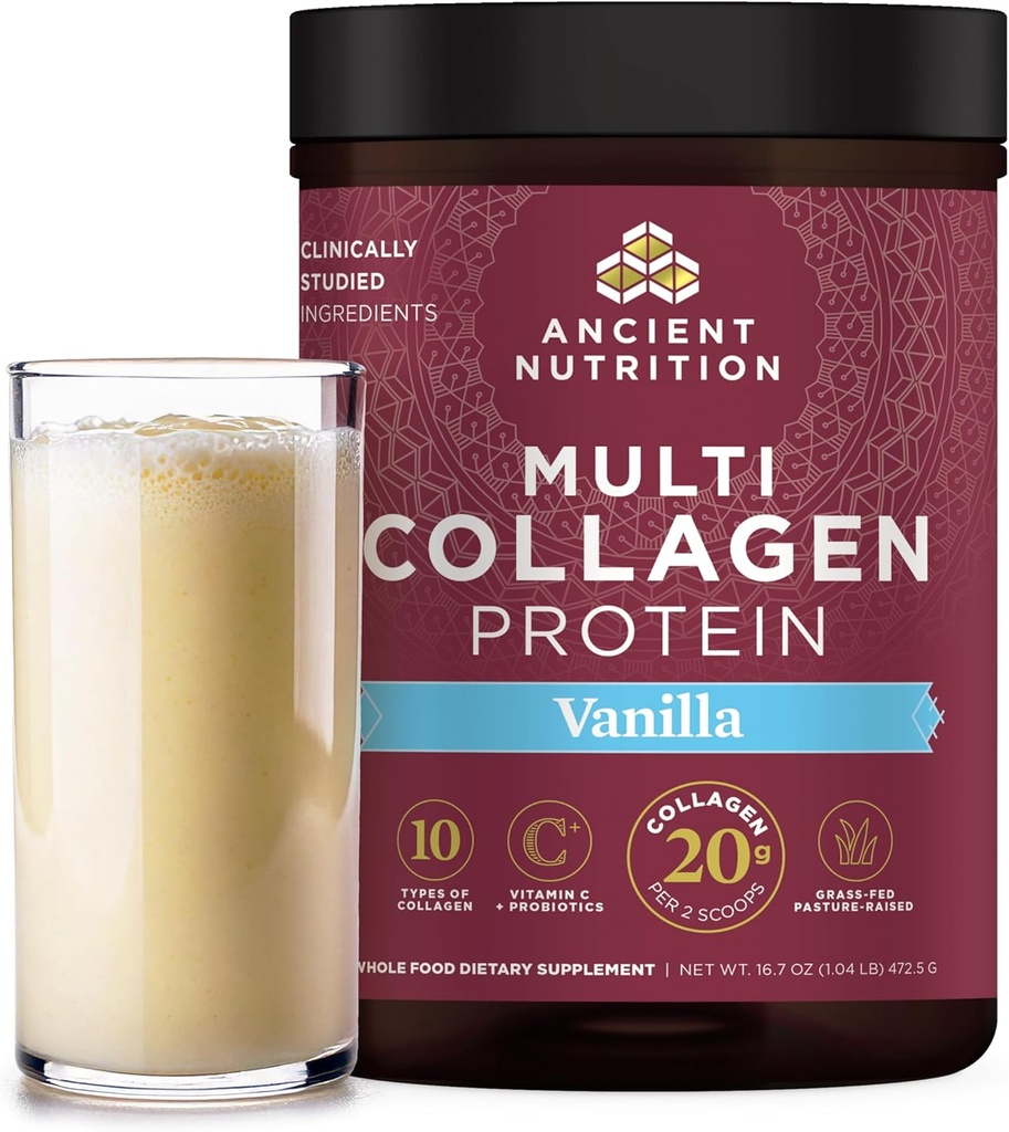 Ancient Nutrition Kollageen Peptiidid Pulber, Multi kollageeni valk, naised ja mehed, C-vitamiin, probiootikumid, hüdrolüüsitud kollageen, toetab nahka, liigeseid, soolestiku tervist, Vanilla, 45 Servings