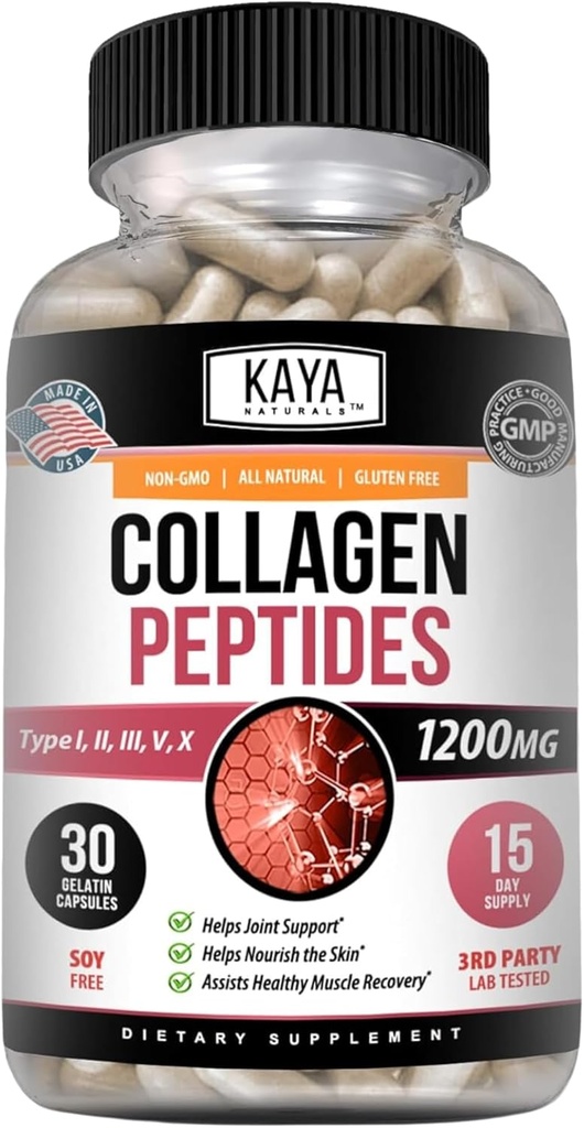 Kaya Naturals Multi Collagen Peptides Complex pulver for kvinner og mennesker, Vital for hår, hud, negler, og anti-aldring, Typer I, II, III, V & X Collagen Protein blanding | Capsules - 30 Count Supplement