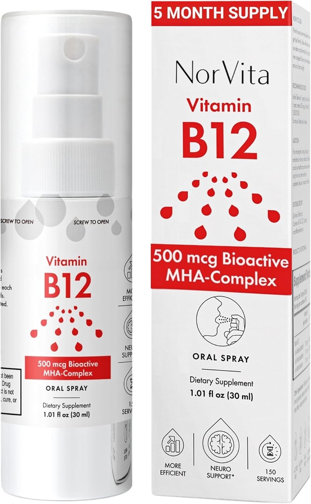 Vitamin B12 Spray 500 mcg (150 Servere) - Quick Absorption MHA Complex (Methylcobalamin, Hydroxycobalamin, Adenosylcobalamin) - Vegan, Non- GMO, Liquid B12 Supplement