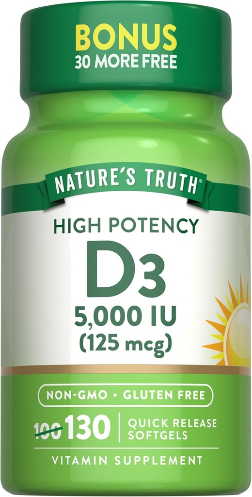 Naturens sannhet vitamin D3 5000 IU Softgels | | | høy potens | Ikke-GMO & Glutenfri Supplement