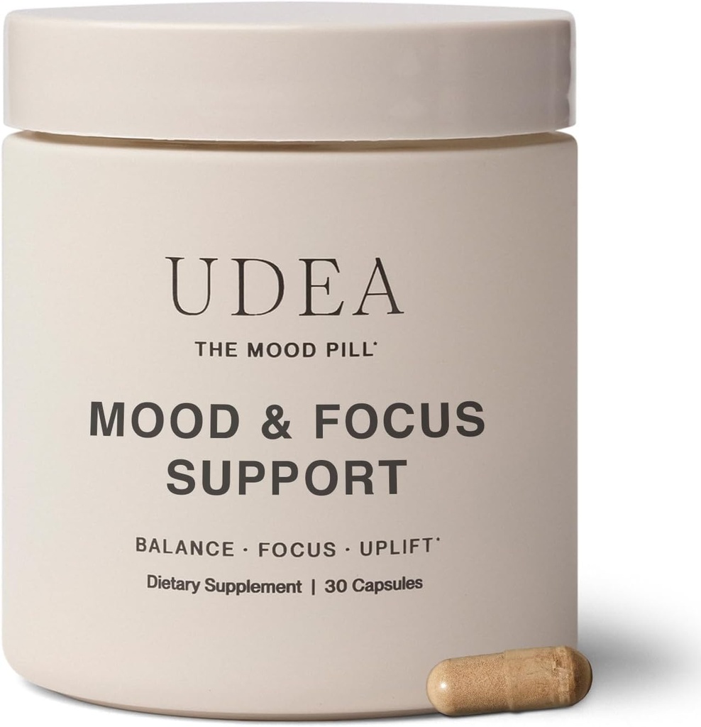 UDEA Wellness, Mood Pill current 124; Adaptogenic Daily Mood Support Supplementary for Stress, Cognitive Function, Focus & Balanced Energy Current 124; Non- GMO, Gluten Free & Vegan Mod and Stress Supplementations 124; 30 Kapsle