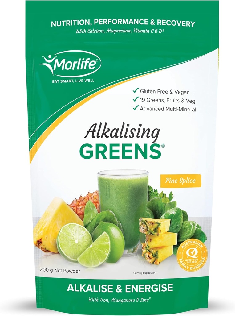 Morlife Alkalising Greens Powder Supplement, Pine Spolice, 19 Super Greens, Sadje in zelenjava, Pre & Probiotics, Key Alkalinging Minerals, Vegetarian Superfood Formula, 7 oz, 20 Servings