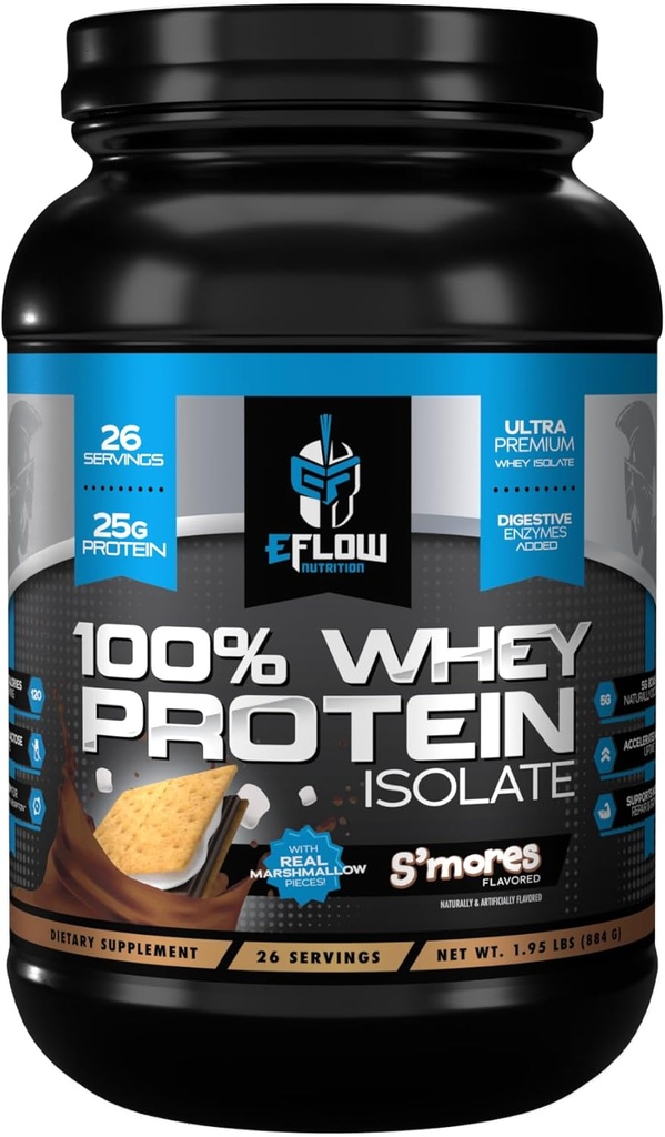 eFlow Nutrition 100% Whey Protein Isolate - Gluten & Lactose-Free Digestive Enzymes Added, Low Carb, Post Workout Shake, Fast Digesting for Optimal Muscle Recovery - S'Mores (26 Servings)