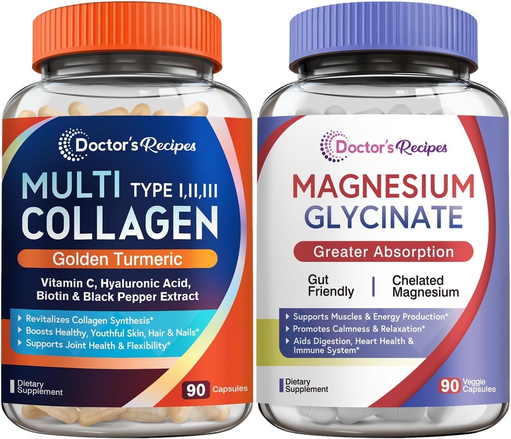 Artsrecepten Multicollagen Complex & Magnesium Glycinate Bundle, Whole Body Rejuvenation, Relax & Relief, Collageen Capsules 90 ct & Magnesium Capsules 90 ct