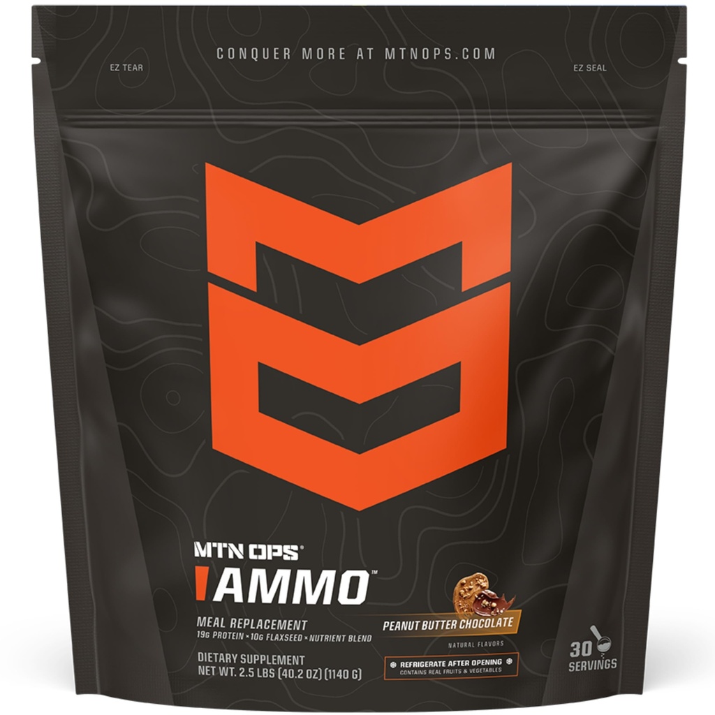 MTN OPS Ammo Meal Replacement Protein Powder, Peanut Butter Chocolate | 19g Protein, Meal Replacement with Whole Foods, 10g Flaxseed, Fruits & Vegetables, Daily Nutrition