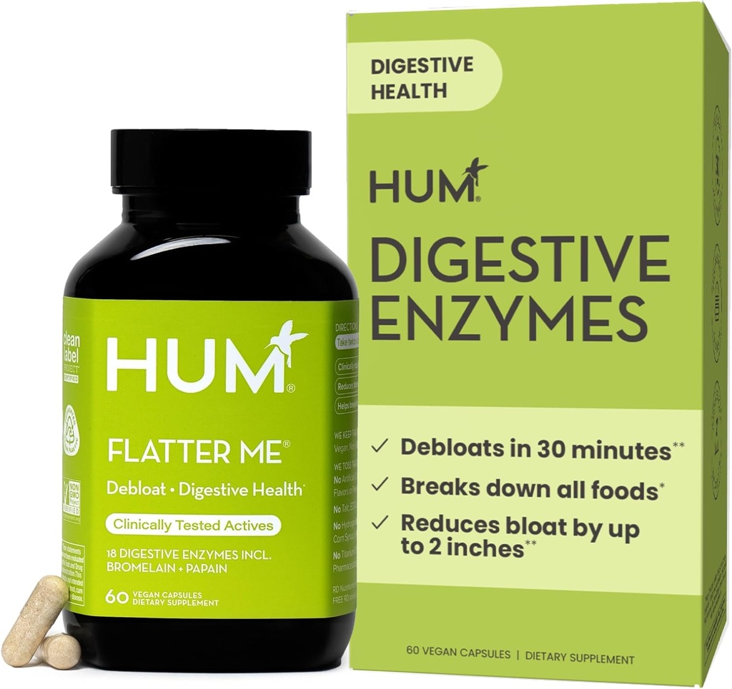 HUM Flatter Me Digestive Enzymes for Women & Men, Digestive Health Bloating Supplement med Ginger & Peppermint Leaf, Fast Acting Anti Bloat Pills Multi Enzyme för Debloating, Vegan, 60 Capsules