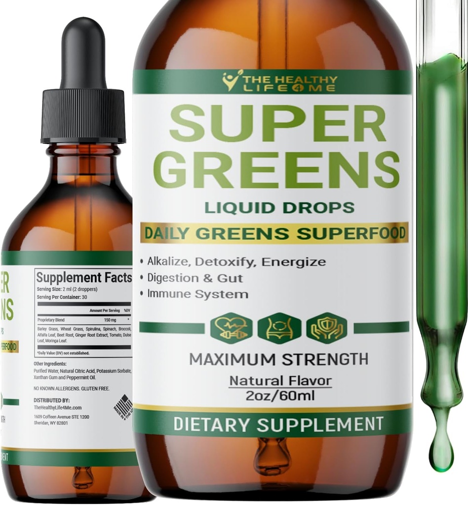 Liquid Super Greens Drops | Antioxidatzaile ahaltsuak | Inmune Support | Digestio-osasuna | Pipermint Flavor | by The Healthy Life for Me | 2oz - 30 Day Supply