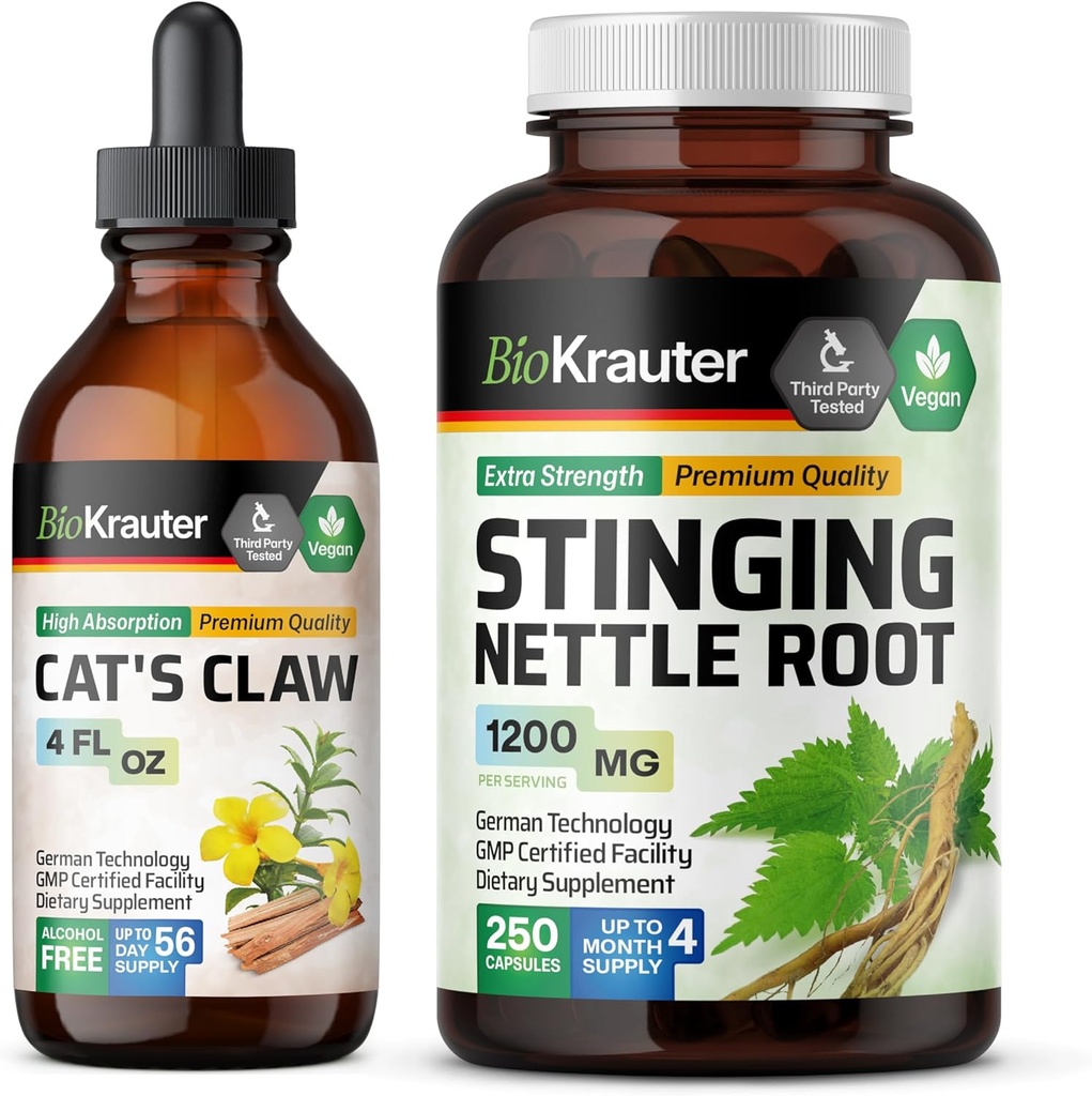 BIO KRAUTER Kaķi Claw Tincture 4 Fl. Oz. & Sting Nettle 250 kapsulas