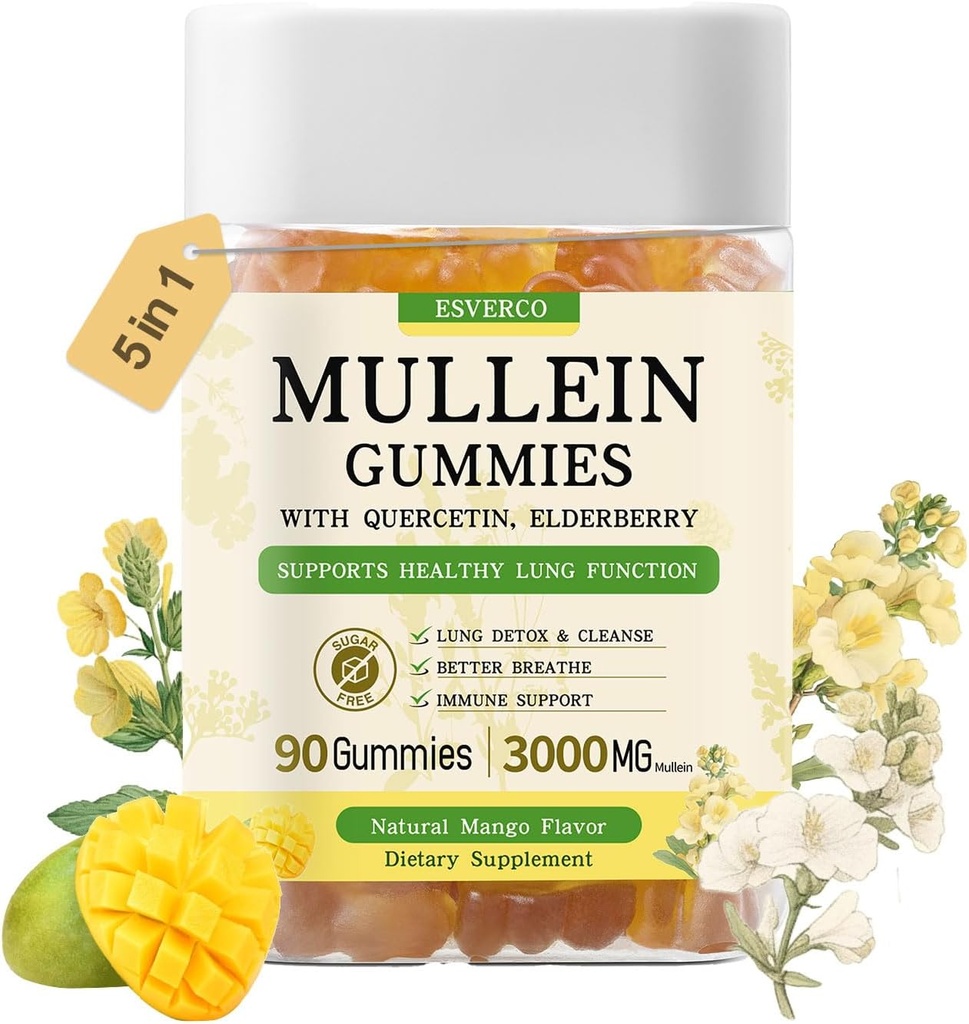 Mullein Gummies con 3600mg Mullein Leaf Extracto, 7 en 1 para Lung Cleanse,Respiratorio Saúde do Pulmón, Inmune Booster, Elderberry, Quercetin, Bromelaina, Vitamina C & D3, No Sugar, para adultos, Vegan, 90 Conde