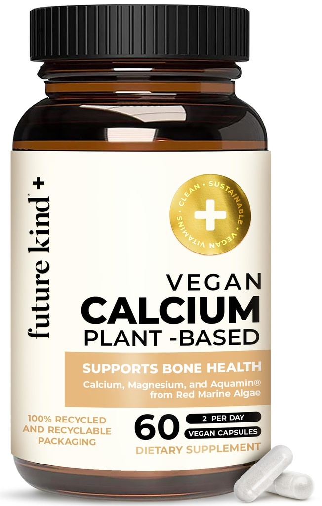 Future Kind Vegan Calcium Supplement - Plant-Based Calcium Magnesium Supplement Sourced from Iceland for Teeth & Bone Support (60 Capsules)