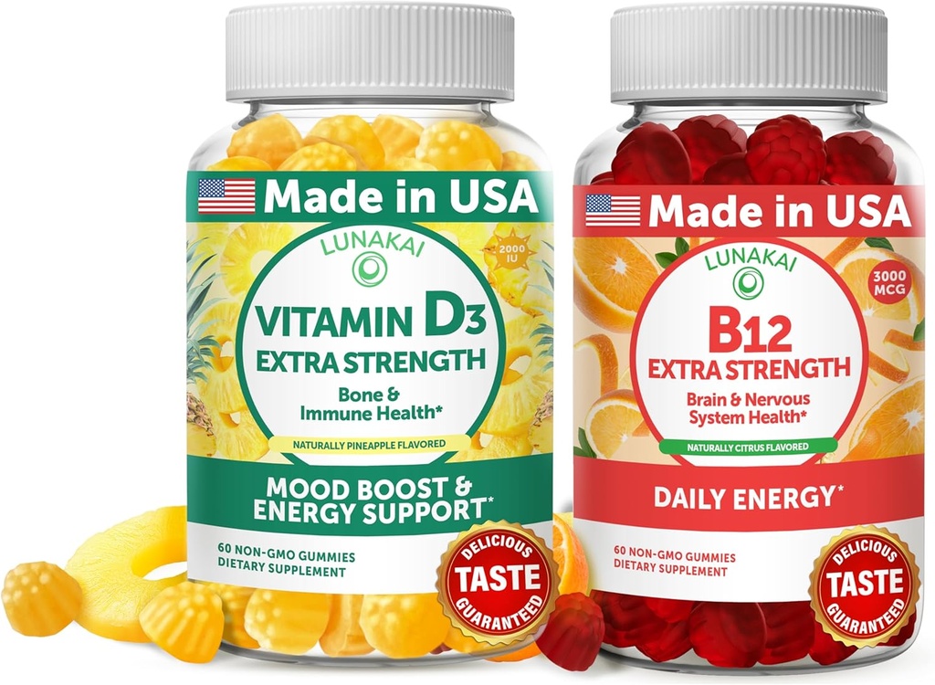 Lunakai Vitamin D3 in vitamin B12 Gummies Bundele - Imuniteta, kosti in razpoloženja podpora VIT D3 2000IU dodatek - 3000mcg metilkobalamin visoka absorpcija energija Gummy - 30 dni