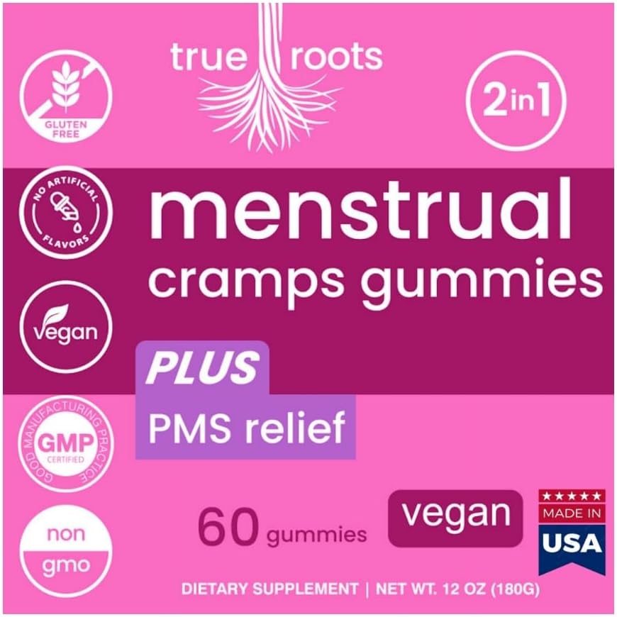 Менструальный период спазмов Gummies True Roots | PMS Support Supplement for Women | Healthy Flow | Flo PMS Menstrual Cycle Relief, Cramping and Bloating | Vegan & Natural Flavors | 60 Count