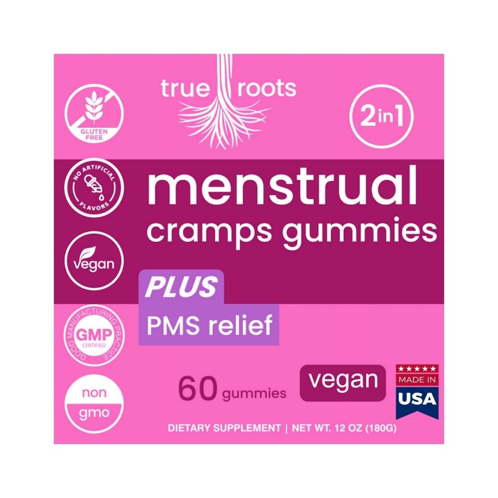 Menstrual Cramp Period Gummies True Roots | PMS Support Supplement for Women | Healthy Flow | Flo PMS Menstrual Cycle Relief, Cramping and Bloating | Vegan & Natural Flavors | 60 Count