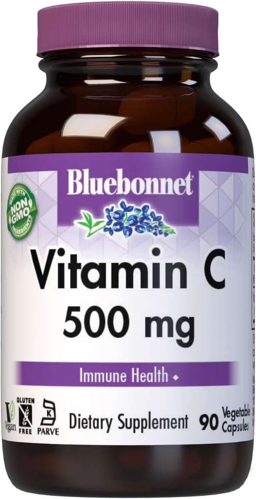 Bluebonnet Nutrition Witamina C 500 mg Kapsułki wegetariańskie, Kwas askorbinowy, dla zdrowia immunologicznego i skóry, Wegański, Wegetariański, Nie GMO, Gluten Free, Soy Free, Mleko wolne, Kosher, 90 Kapsułki roślinne