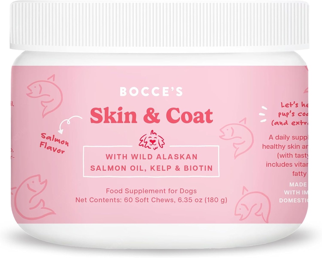 Bocce’s Bakery Skin & Coat Supplement for Dogs, Daily Chews Made en Estados Unidos con vitamina E e ácidos graxos esenciais, soporta pel e abrigo saudables, salmón, 60 ct, vermello (DG-SP-SKIN60)
