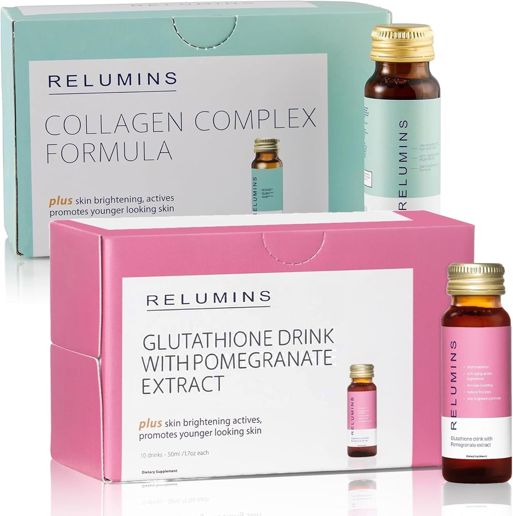 Relumins Advance Rejuvenating Collagen Beauty Drink – Apple flavor & Beauty Glutathione Drink – Pomegranate flavor | 래디언트 스킨 & 웰니스를 위한 상쾌하고 영양이 풍부한 공식 – 1 Box 각각