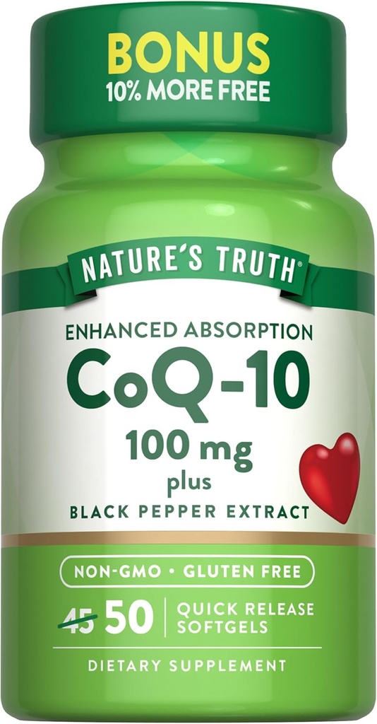 Nature's Truth CoQ10 100mg 50 Softgels Mais Extrato de Pimenta Preta Não-GMO e Suplemento sem glúten