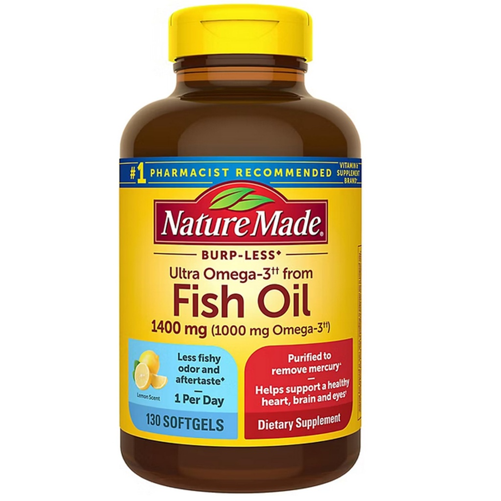 Nature Made Ultra Omega-3 Burpless Fish Oil 1400 mg Softgels w. Omega 3 1000 mg 130 Ct