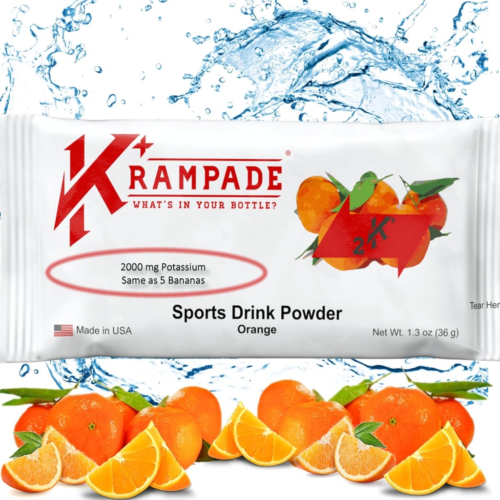 Krampade Original 2K - 2000 mg Kalium Electrolyte pulver drikk blanding | Cramp Relief - Hydration - Økt ytelse | Orange - 20 enkelt serveringspakker