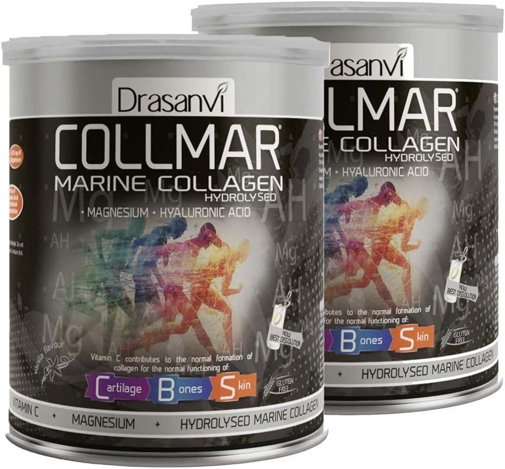 Drasanvi 2 Pack Collmar Colágeno marinho hidrolisado com pó de magnésio 300g Vanilla Flavor - Suplementos espanhóis para uma cartilagem saudável da pele e ossos - Ajuda a minimizar cansaço e fadiga