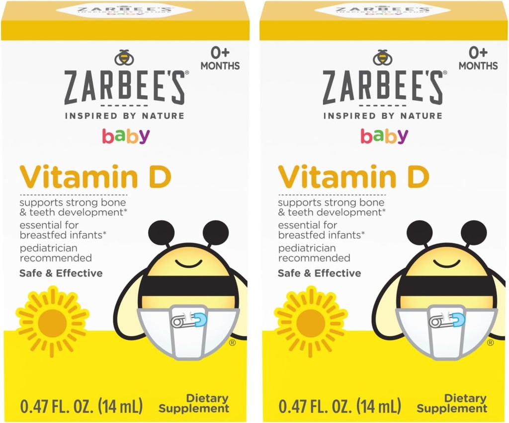 Zarbejeve kapljice vitamina D za dojenčke, 400 i.e. (10mcg) Baby & Toddler Liquid Supplement, Novorojenček & gor, Kapljična brizga Vključeno, Pakiranje 2 0,47 Fl Oz steklenice