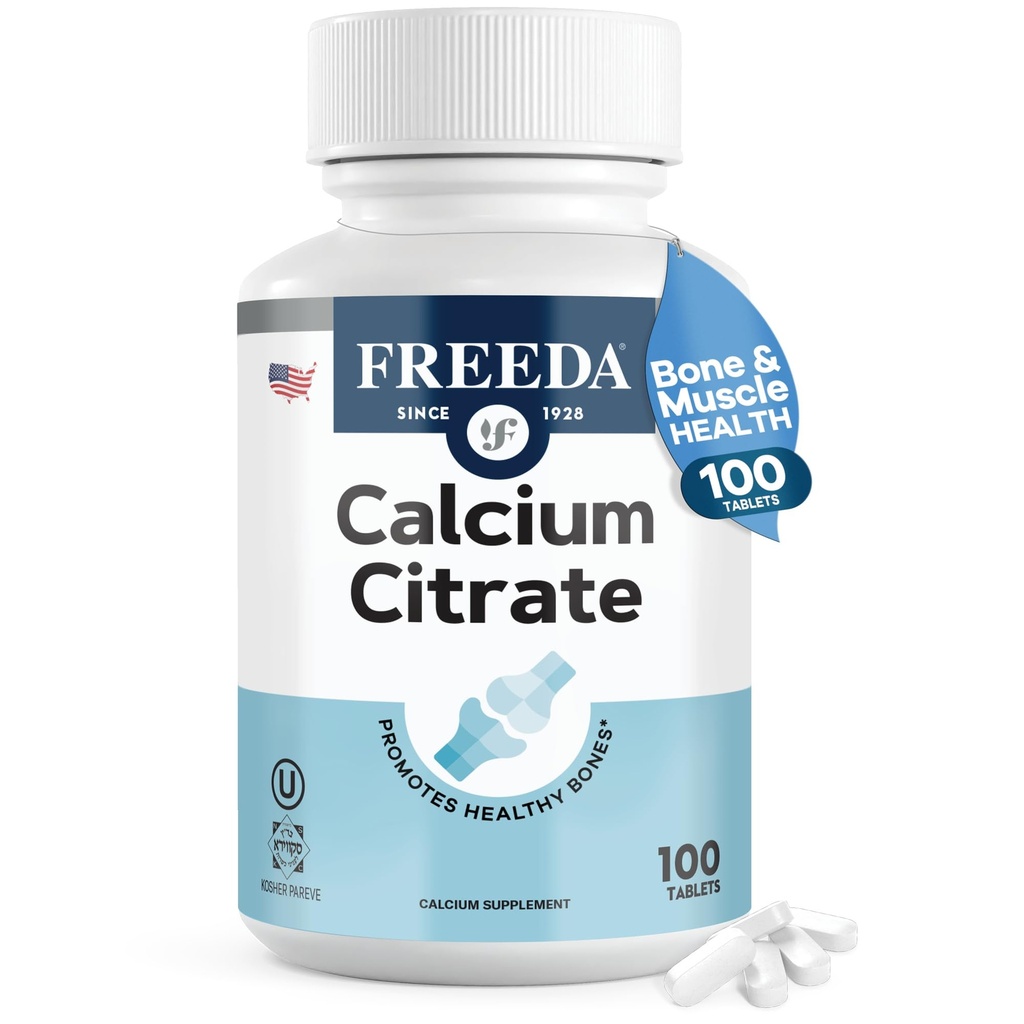 Freeda Calcium Citrate – Kosher Vegan Bone Strength Supplement – Supports Bone Density & Muscle Function – Calcium 1000mg per Serving – No Added Vitamin D – (100 Tablets)