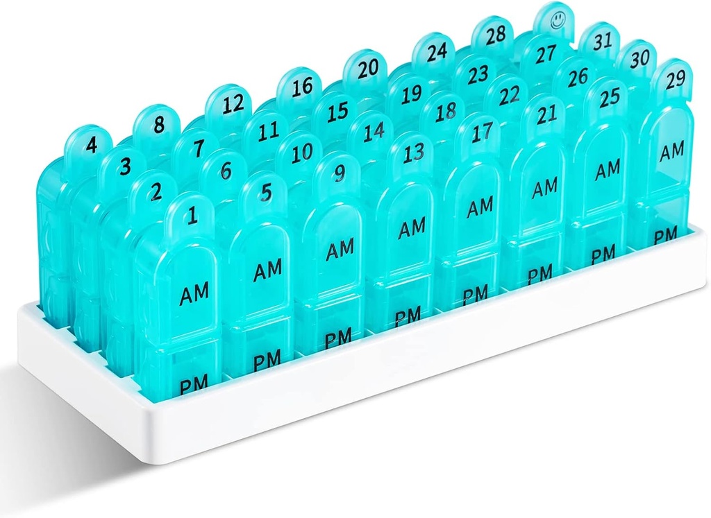 Daviky Monthly Pill Organizer 2 Times egy nap, 30 Day Pill Box AM PM külön tartóval, Egy hónap orvosi eset naponta kétszer tartani vitaminok, kiegészítők és gyógyszerek (Cyan)
