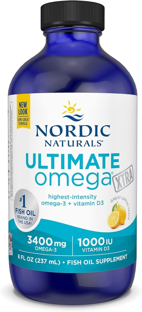 Nordic Naturals Ultimate Omega Xtra Liquid, Lemon Flavor - 8 oz - 3400 mg Omega-3 + 1000 IE Vitamin D3 - EPA & DHA - Hjerne, hjerte, felles, og immun helse - Non-GMO - 48 Services