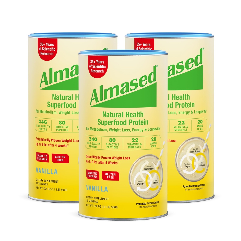 Almased Vanilla Meal Replacement Shake - Low-Glycemic High Plant Base Protein Powder- Nutritional Weight Health Support Supplement - Vanilla Flavor - 17.6 oz (1.1 Pound (3 Pack))