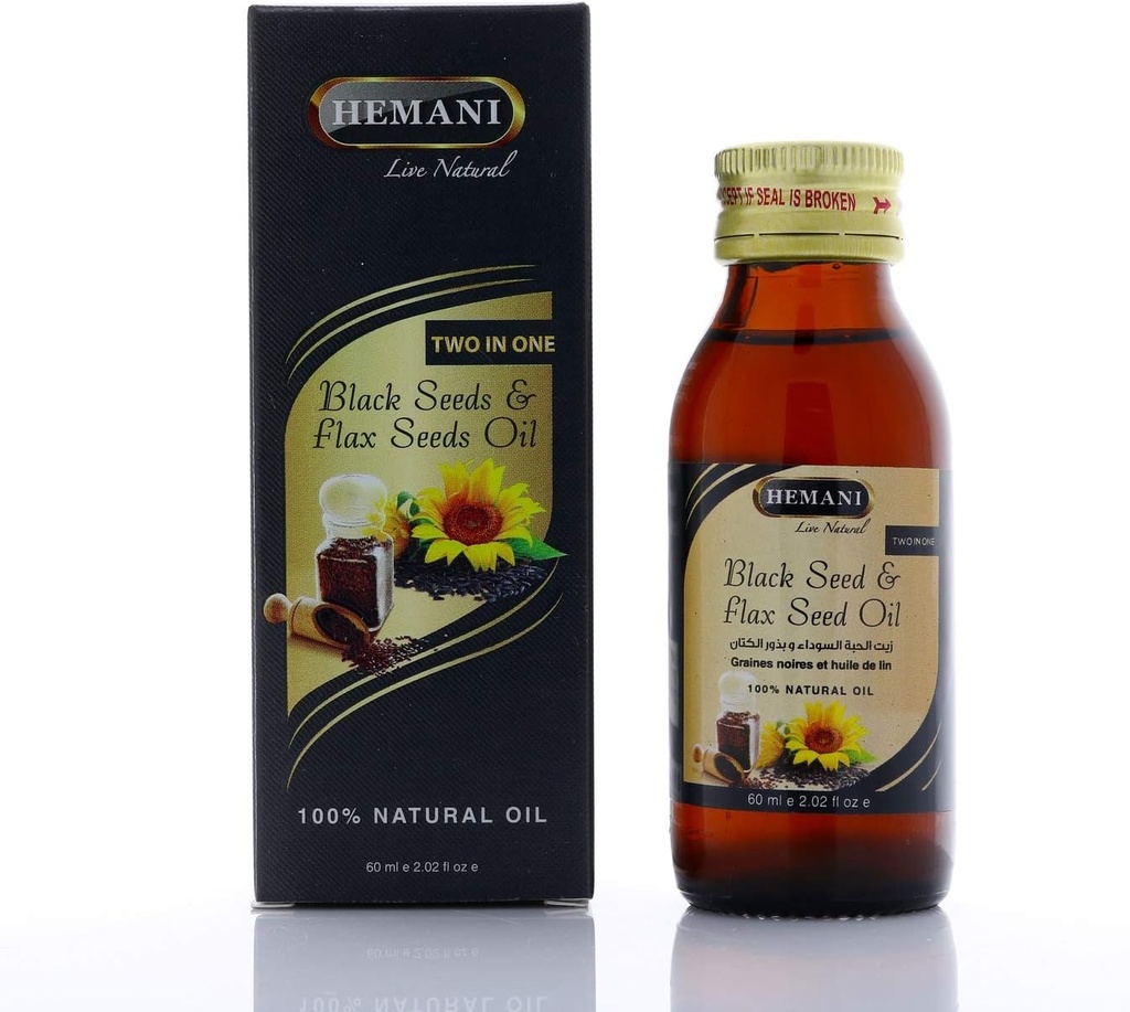Hemani Cold-Pressed Black Seed and Flax Seed Oil Blend 60ml- Gluten-Free, Non-GMO, High in Omega 3, 6, & 9, Supports Joint, Brain, and Heart Function