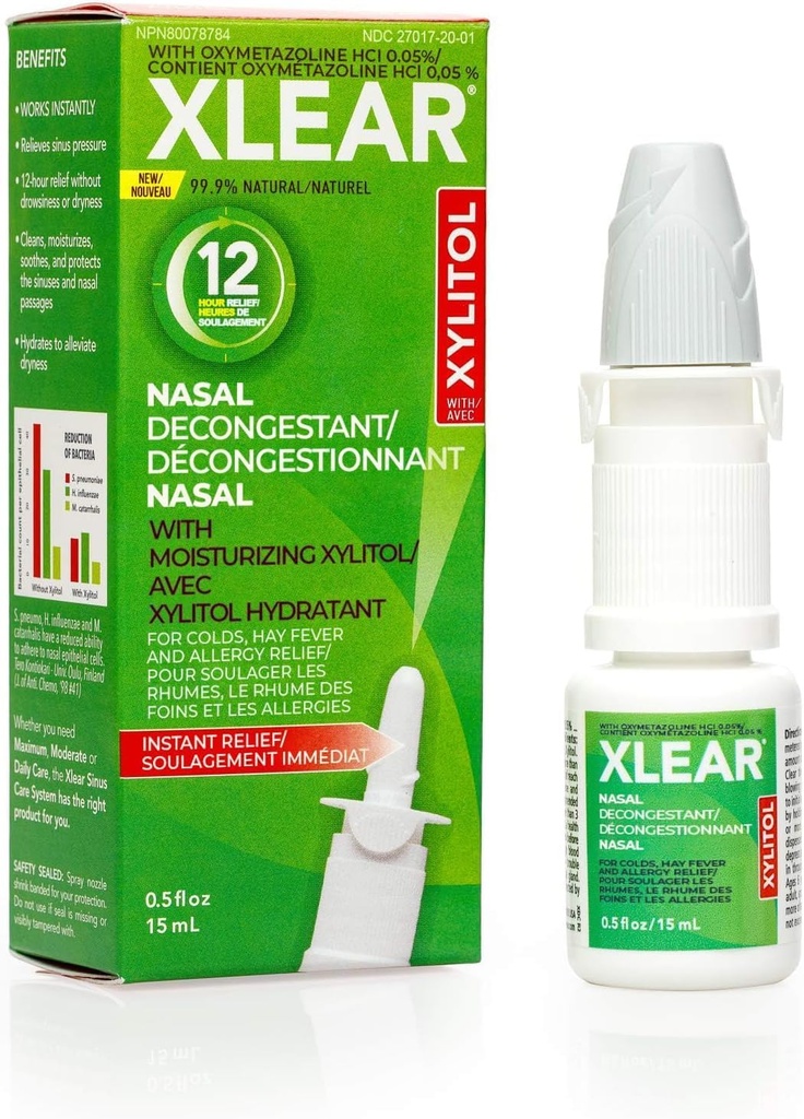 Xlear 12 tunnin Nasal Decongesstant Spray, Natural Saline Nasal Spray Xylitol ja Oxymetatsoliini, Instant Sinus Paine ja Ruuansulatus helpotus lapsille ja aikuisille 0,5 fl oz (paketti 1)