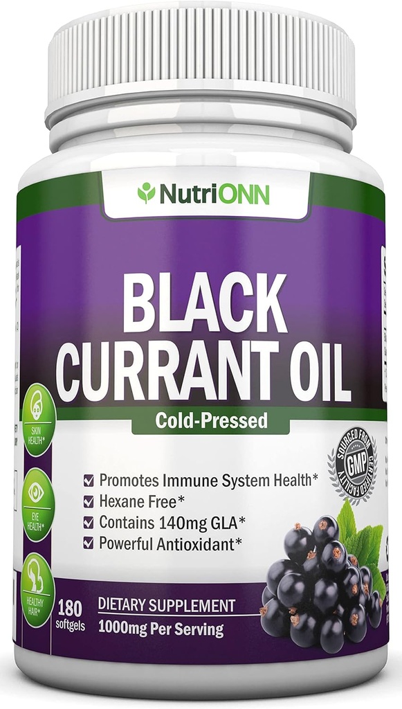 Černý Currant Oil - 1000 Mg - 180 Softgels - Cold- Pressed Pure Black Currant Seed Oil - Hexane Free - 140mg GLA Per Serving - Reguluje hormonální rovnováhu - Skvělé pro imunitní systém, vlasy a kůži