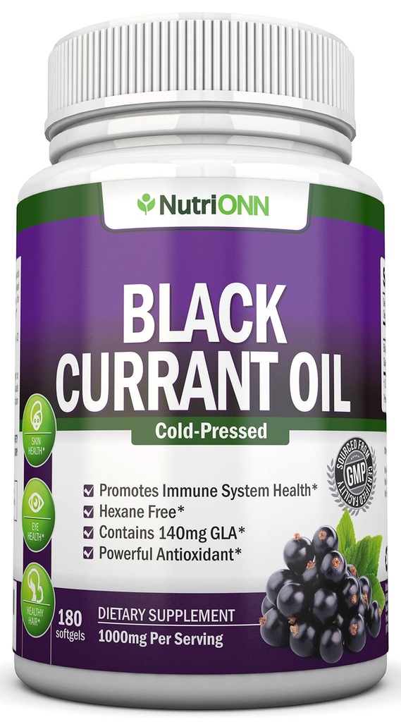 Black Currant Oil - 1000 Mg - 180 Softgels - Cold-Pressed Pure Black Currant Seed Oil - Hexane Free - 140mg GLA Per Serving - Regulates Hormonal Balance - Great For Immune System, Hair and Skin
