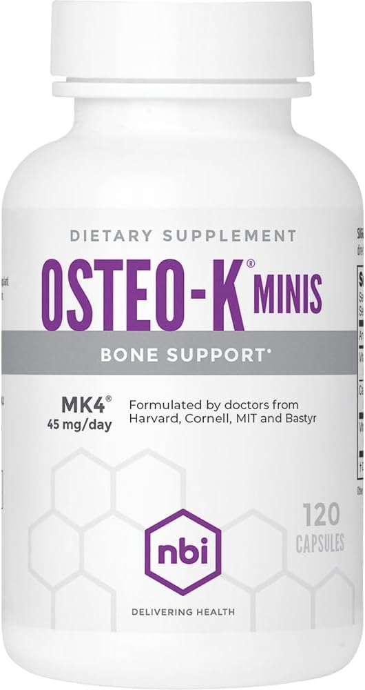 NBI Osteo-K Bone Support - Mini | Complexo de vitamina D & K con citrato de calcio Suplemento | 45mg vitamina K2 (MK4) para a saúde e función dos ósos fortes | cápsulas 120ct Veggie
