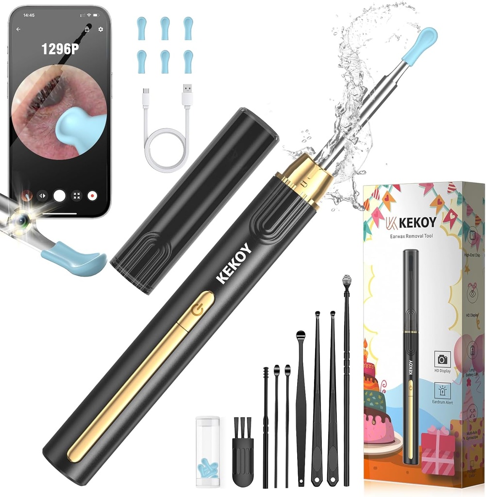 Kekoy Ear Cleaner з камерою для Різдва, 1296P HD Ear Wax Removal Tool Camera, WiFi Otoscope з світлом для очищення вуха, Ear Endoscope для прошивки & Android, з 8 шт Ear Set (золото)