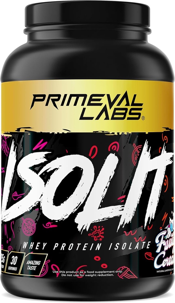 Primeval Labs ISOLIT - Polvere di proteine del siero, isolamento 100% del siero, 25g di proteine, BCAA, assorbimento rapido, facile digestione (Fruity Cereal, 2lb)