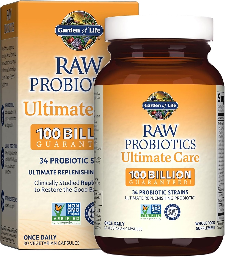 גן החיים פרוביוטיקה לנשים וגברים - Raw Probiotics Ultimate Care 100 מיליארד CFU Probiotic תוסף, Daily Probiotic for Adults with Digestive Enzymes, 30 קפסולות