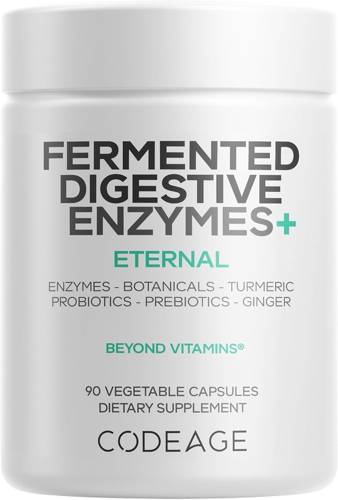 Codeage Fermented Digestive Enzymes Supplement 3-Month Supply - 14 Digestive Enzymes, Probiotics, Prebiotikoak, Botanikoak Fermented, Plant-Based Multi Pancreatic Enzymes - 1 kapsula egun - 90 kapsulak