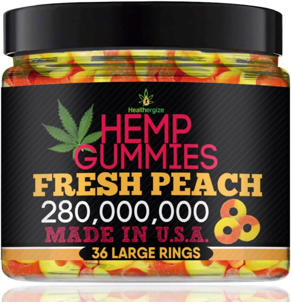 Hennep Gummies for Peace and Relaxation-High Potency Hemp Oil Gummys Peach-Fresh Full Flavor-Natural Hennep Eetbaar voor Terug, Knieën, Kalm, Slaap, Discomfort-36 Large Rings-Made in USA
