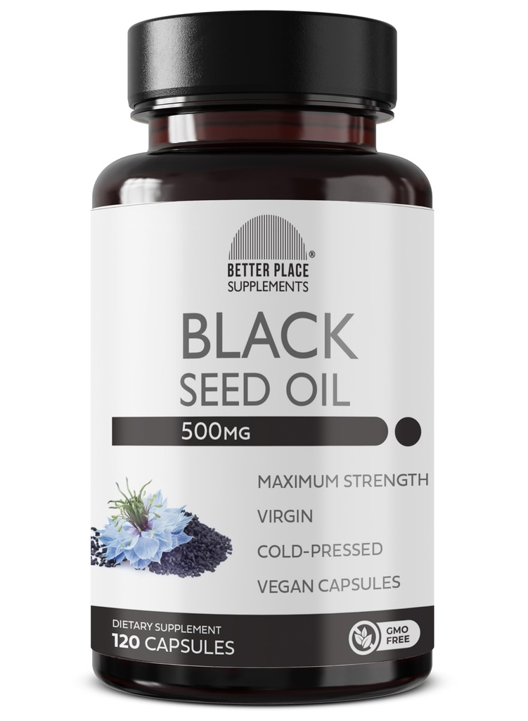Black Seed Oil Capsules | (Non-GMO & Vegan) Cold-Pressed Nigella Sativa Providing Pure Black Cumin Seed Oil | Super Antioxidant for Digestion, Joints, Hair & Skin | 500mg per Capsule