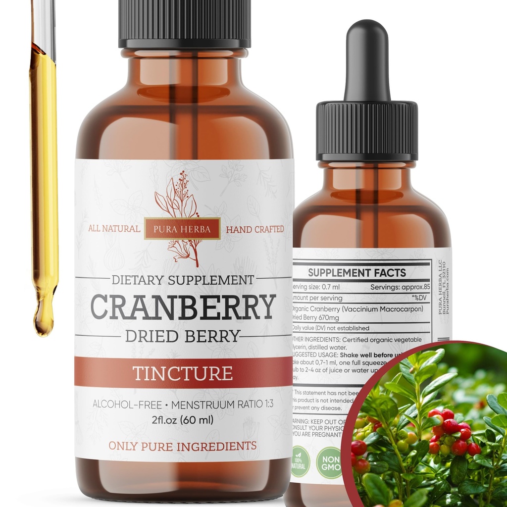 Pura Herba Cranberry Tincture - Organic Cranberry Extract Liquid, Alcohol - Free Herbal Supplement - Made in USA