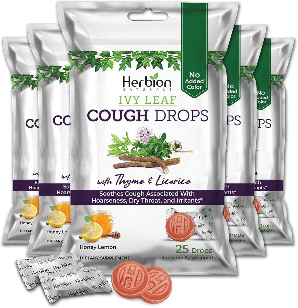 HERBION Naturals Ivy Leaf Cough Drops with Thyme & Licorice, 꿀 레몬 맛, Soothes Cough, 성인 및 어린이 6 년 이상, 125 카운트, 5 팩