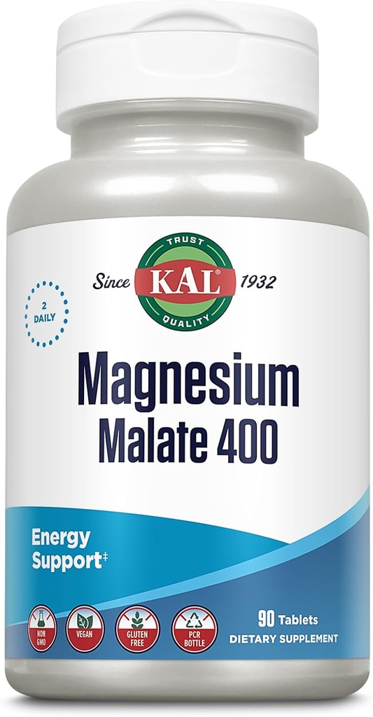 KAL Magnesium maltium 400mg, Chleated Magnesium Supplement with Malic Admination, Profile & Brothy Profile, Apperd Absorpation, เวก้า, Not-GMO, 45 Servering, 90 Veg Tabs