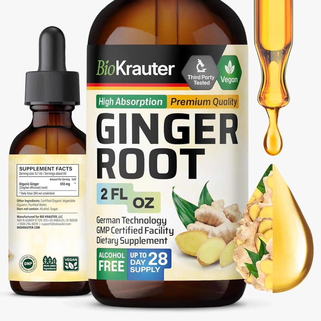 BIO KRAUTER Ginger Root Extract - naturlige Ginger Kosttilskudd for generell velvære - alkohol og sukker gratis - Vegan Drops 2 Fl.Oz.