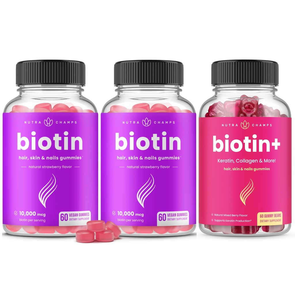 NutraChamps Complete Biotin Bundle for Hair, Skin & Nails. 2 Pack Biotin & Biotin+