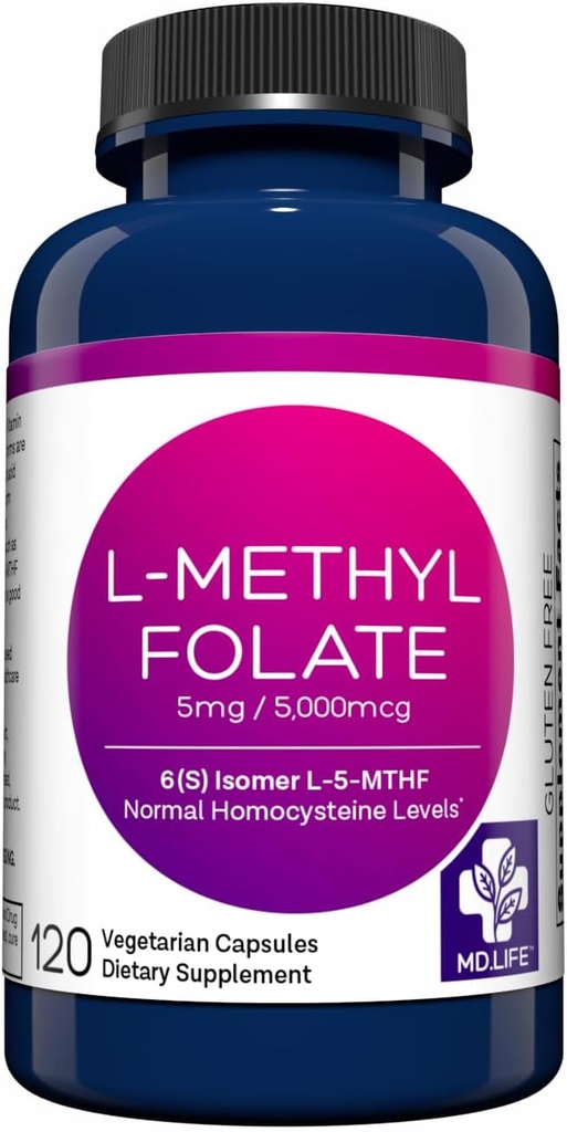 MD Life L-Methylfolate 5 mg Supplement - Professional-Grade Active L Methylfolate Supplement - 120 Kapslid - L-Methylfolate 5mg - Maksimaalne potentsi MTHFR W/Essential Aminohapped