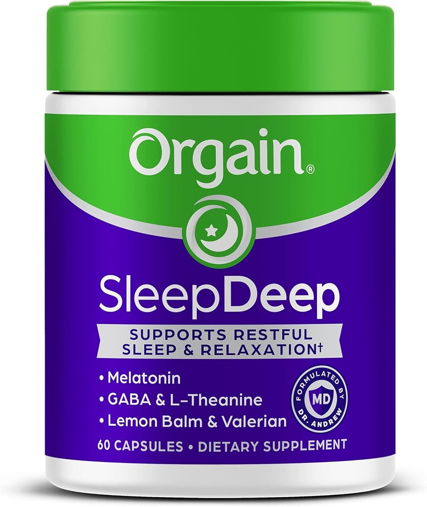 Orgain sleepDeep, Melatonin Miega palīglīdzeklis Papildinājums ar magniju, GABA, L-Teanīnu, L-Tryptophan, kumelīšu, citronu Balm & Valerian Sakni, bez lipekļa, ārsts Formulēts - 60 grāfs, 30 dienu piegādes
