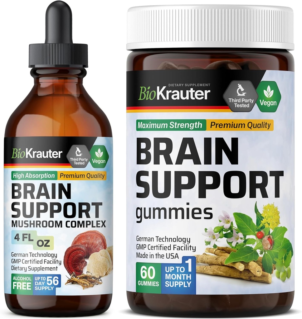 BIO KRAUTER Brain Support 60 Gummies & Brain Support Mushroom Tincture 4 Fl. Oz