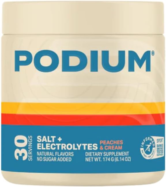 Podium Nutrition Training Salt + Electrolytes Powder, Peaches & Cream, Post Workout Hydration & Muscle Recovery Support, Electrolyte Drink, Magnesium, Potassium, Calcium & Sodium Salts, 30 Servings