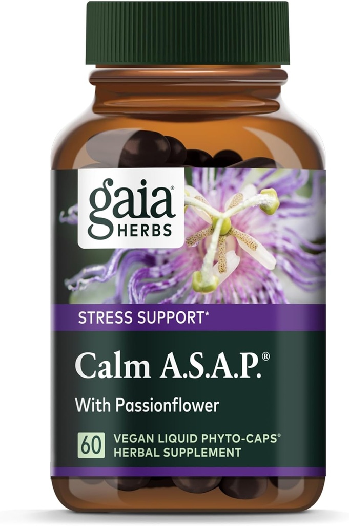 Gaia Herbs Calm A.S.A.P. Stress Supplement Supplement - ze Skullcap, Passionflower, Rumianek, Werbena, Święty Basil & More to Support a Natural Calm - 60 Vegan Liquid Phyto- Kapsułki (20- Day Supply)